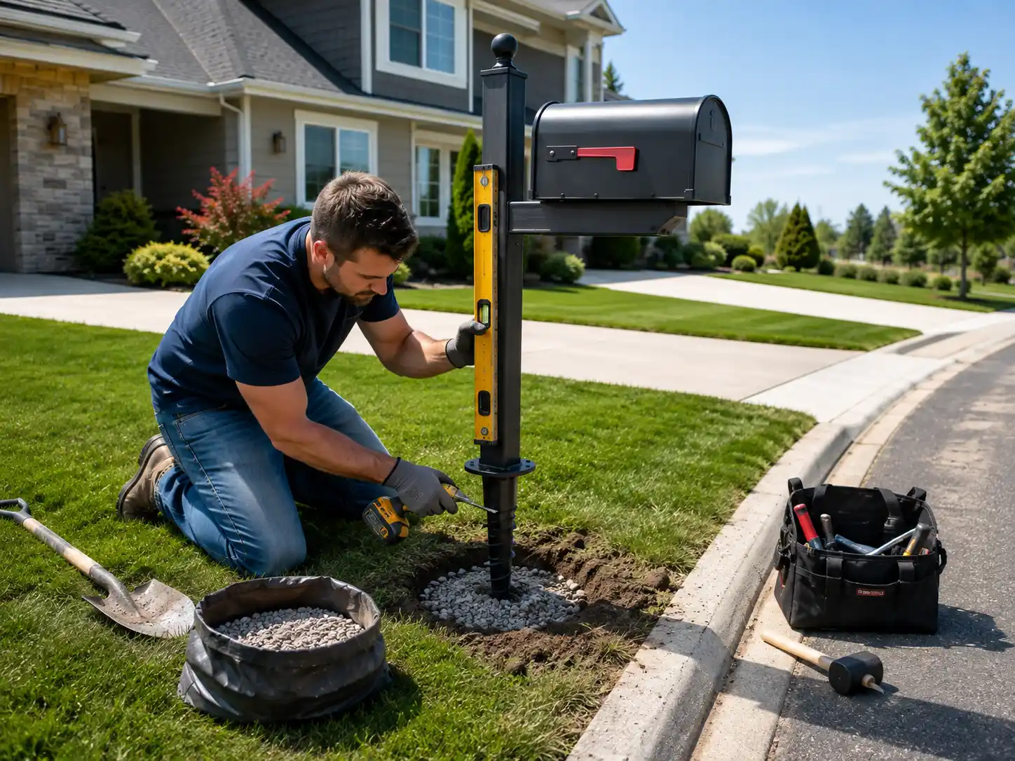 Installing a mailbox post with a ground anchor and gravel without concrete