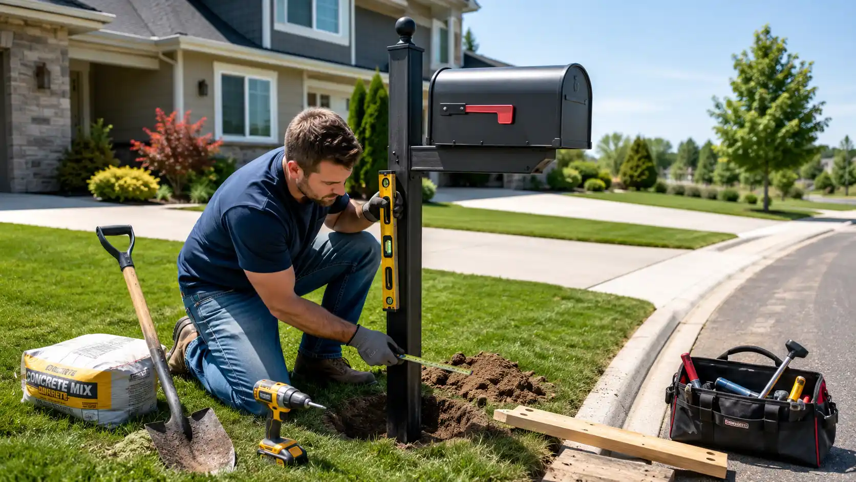 Homeowner installing and leveling a curbside mailbox post beside a residential road