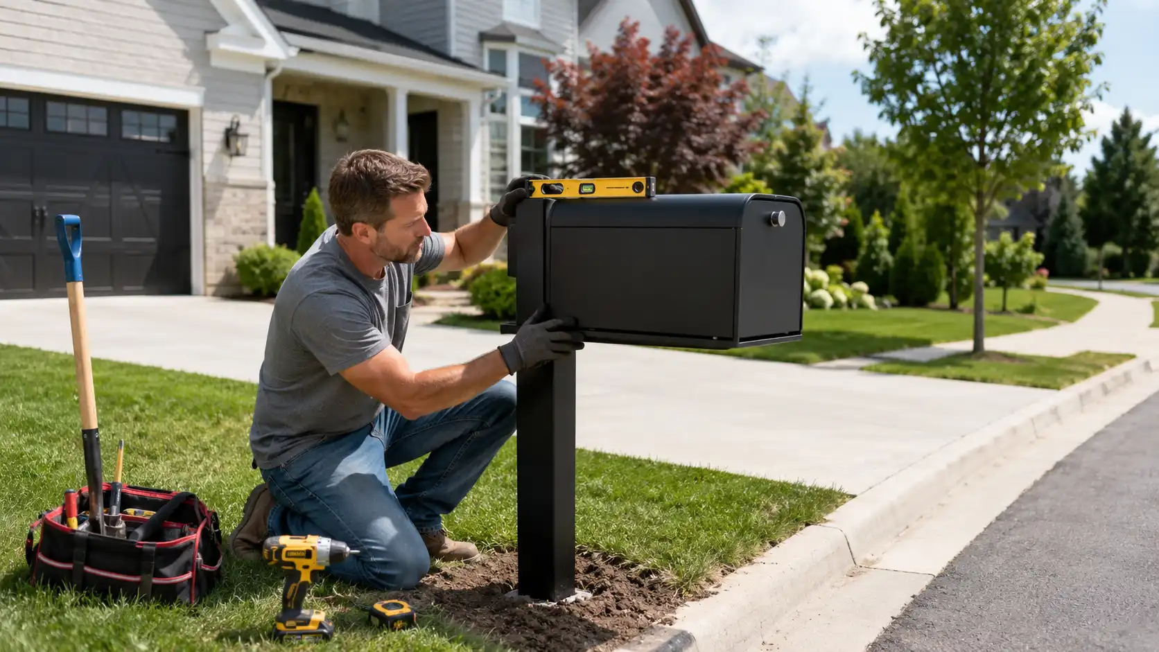 Homeowner installing a curbside mailbox on a post beside a residential road
