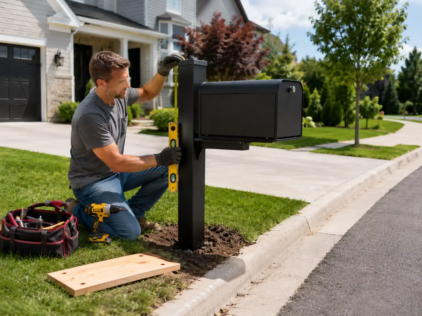 Homeowner measuring and leveling a post-mounted mailbox before installation