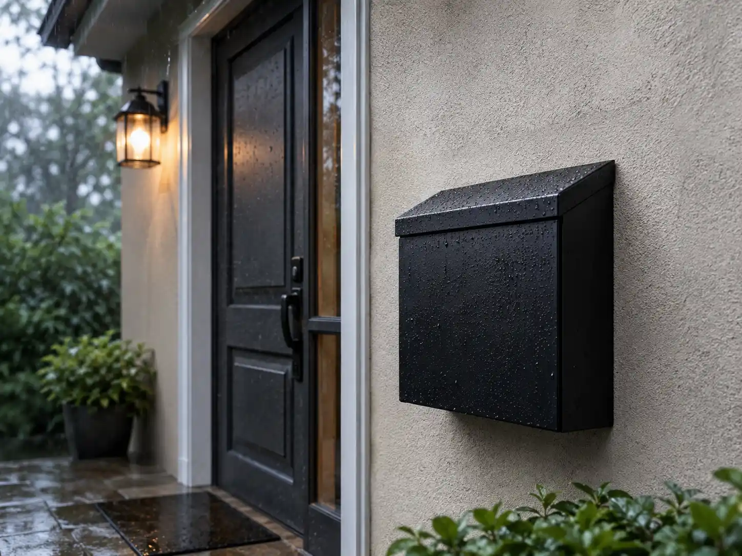 Installing a black wall-mounted mailbox on a brick exterior wall with a drill and level