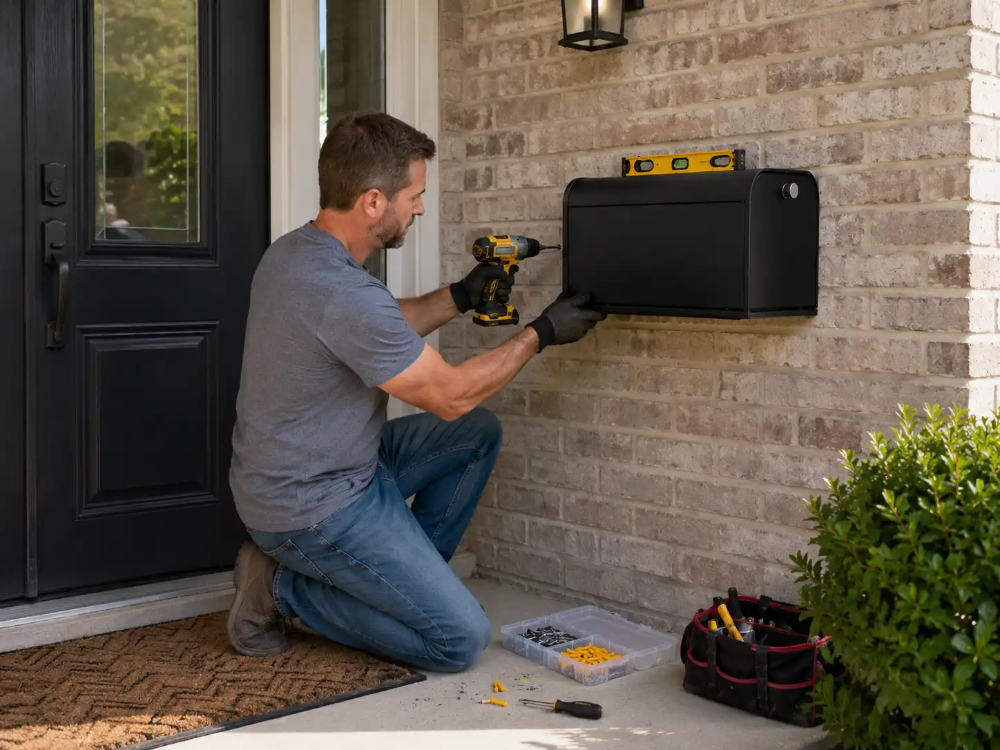 Installing a wall-mounted mailbox on an exterior brick wall with a drill and level