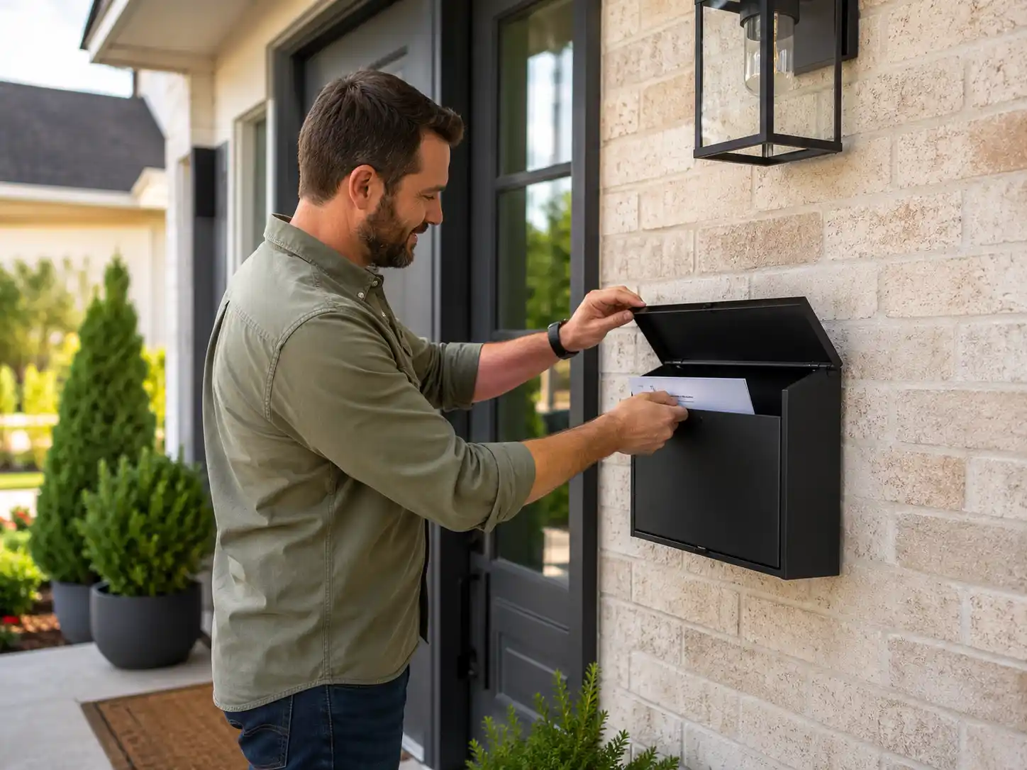 Open locking wall-mounted mailbox holding letters and envelopes beside a home entrance