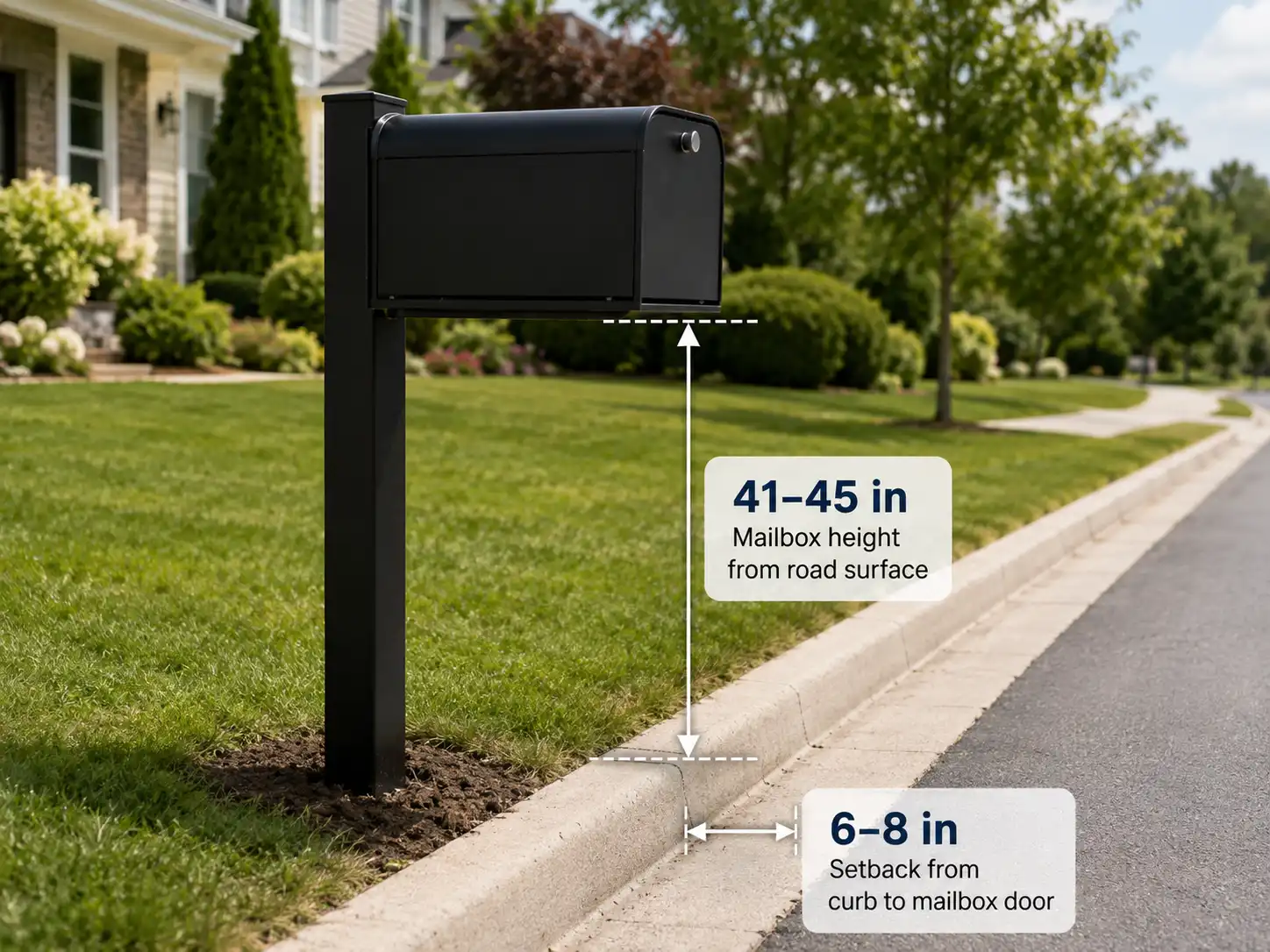 Mailbox installed 41 to 45 inches high and 6 to 8 inches back from the curb