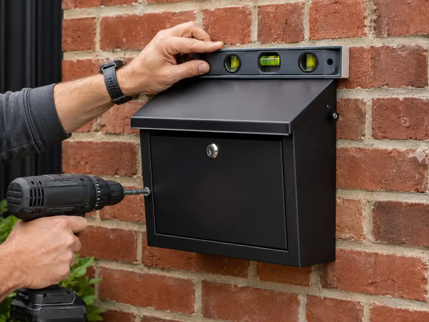 Black wall-mounted mailbox exposed to rain beside a residential front door