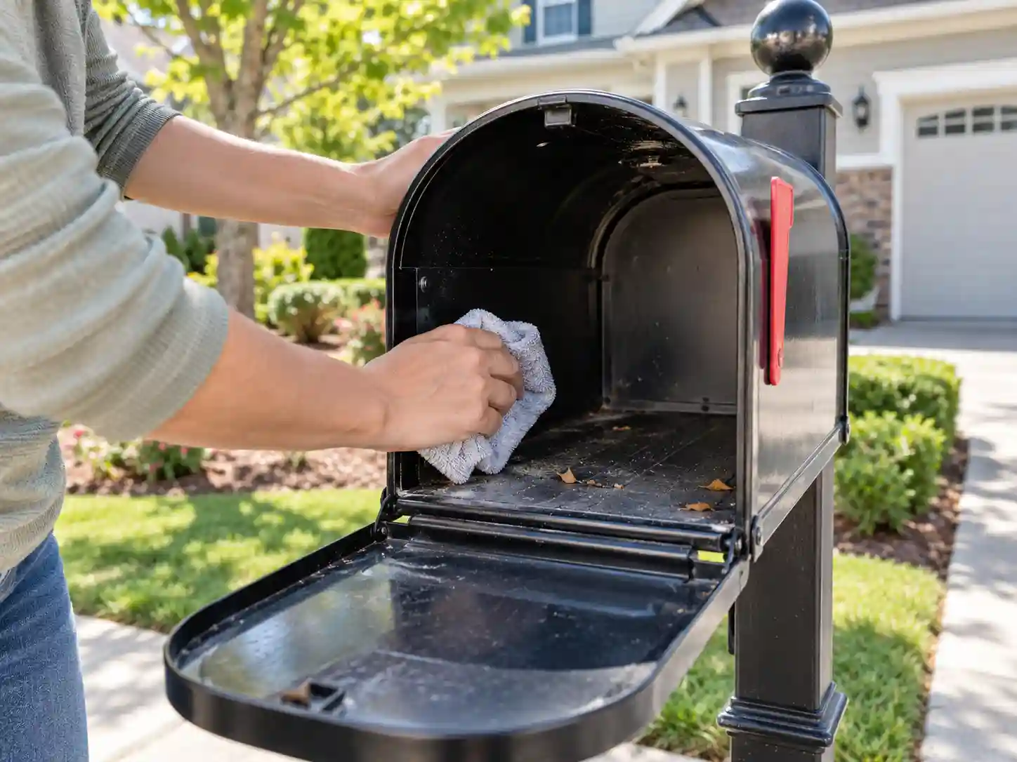 Cleaning dirt and debris from inside a residential mailbox with a soft cloth