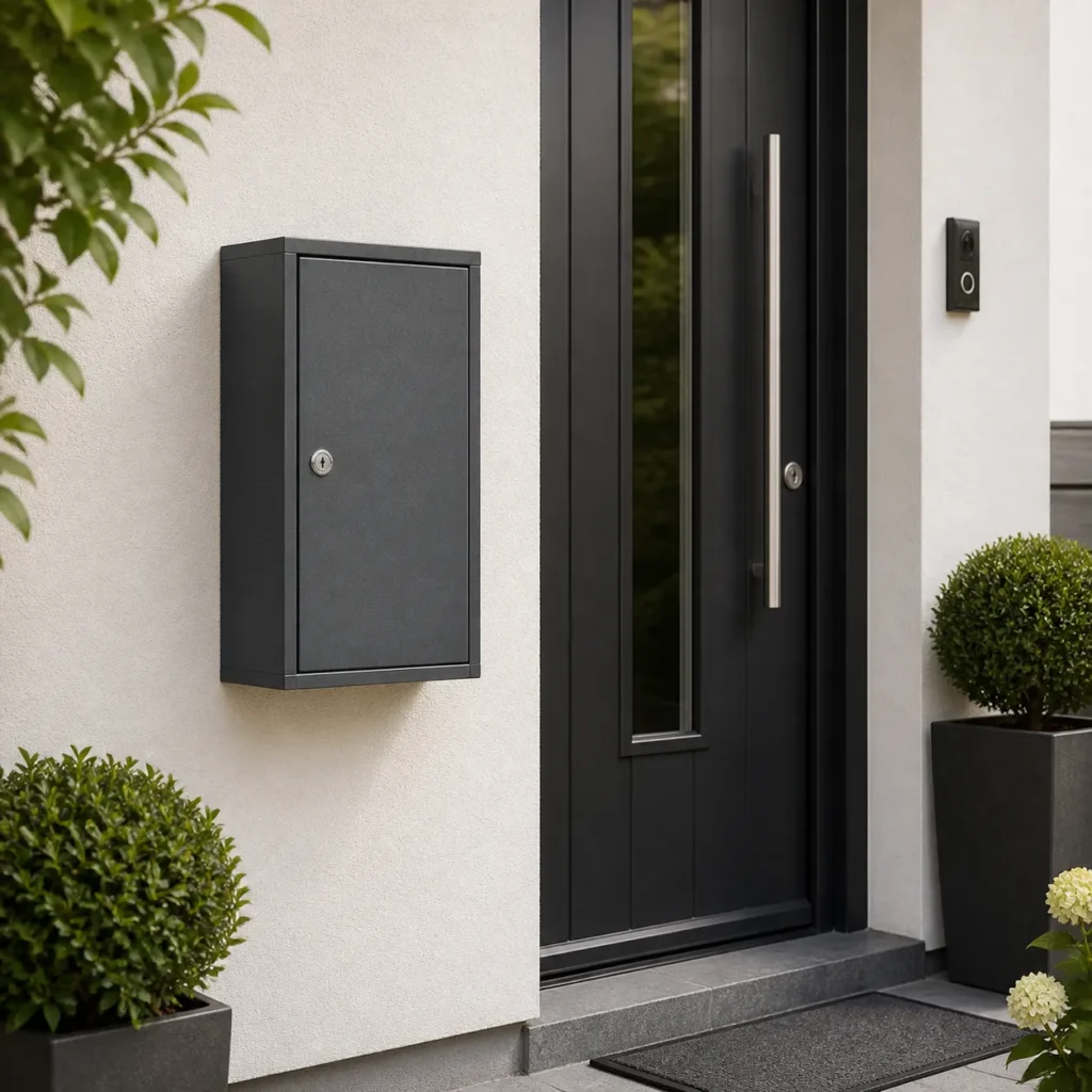 Anthracite grey small wall mounted parcel box installed beside a modern residential entrance for secure home delivery