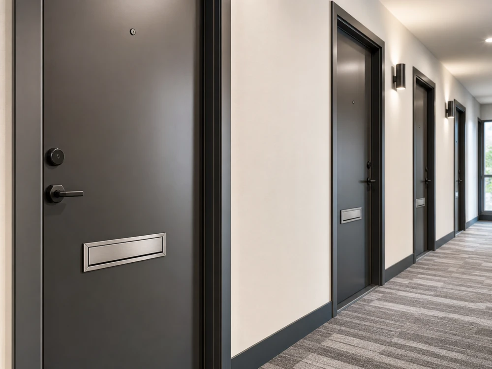 Standardized custom mail slots installed on multiple apartment doors in a modern corridor