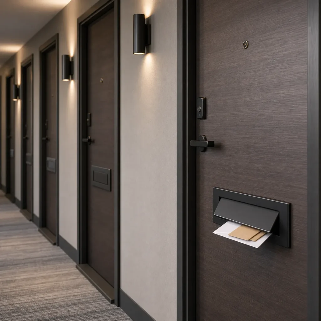 Matching metal mail slots installed across multi-unit apartment corridor doors so each unit has a direct mail receiving point