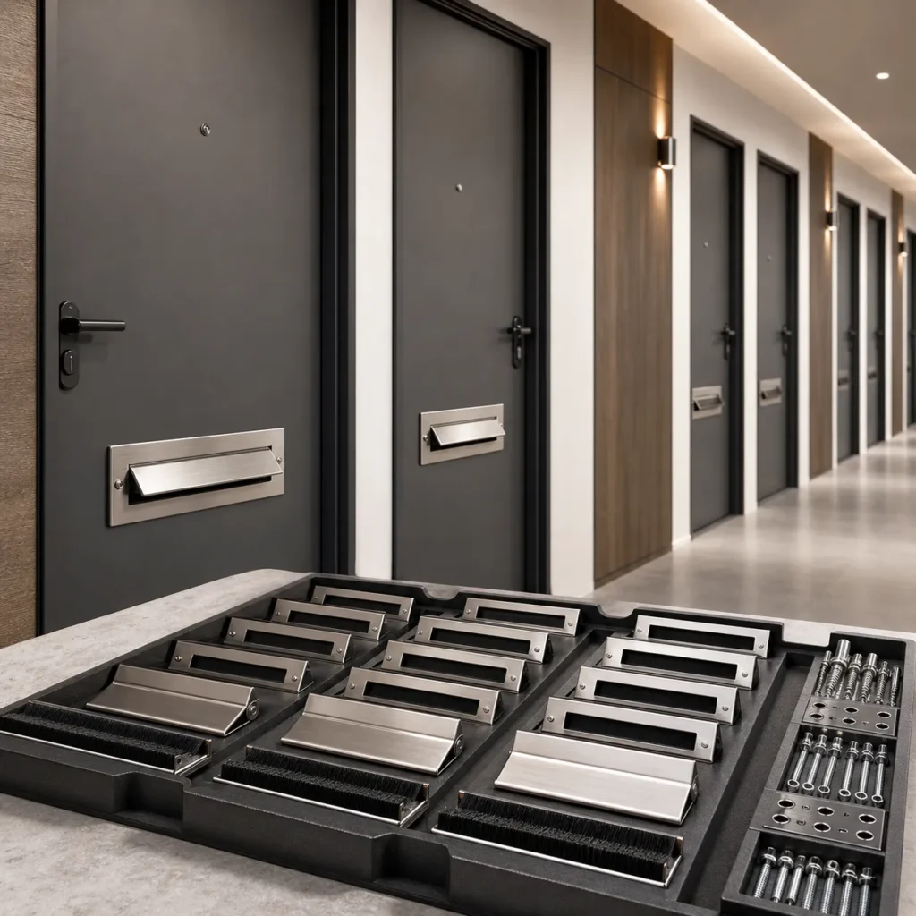 Matching mail slot plates, flaps, trims, covers, brush inserts, and fixing hardware for multi-unit apartment building doors
