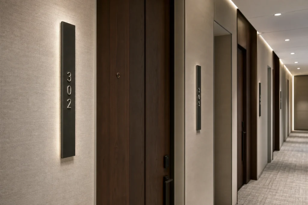 Consistent vertical number plaques installed beside apartment unit doors in a shared residential corridor