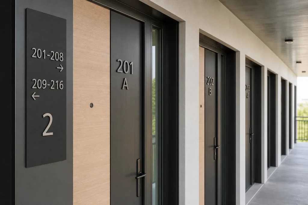 Consistent modern number and letter sets installed on apartment unit doors and building entrance panels