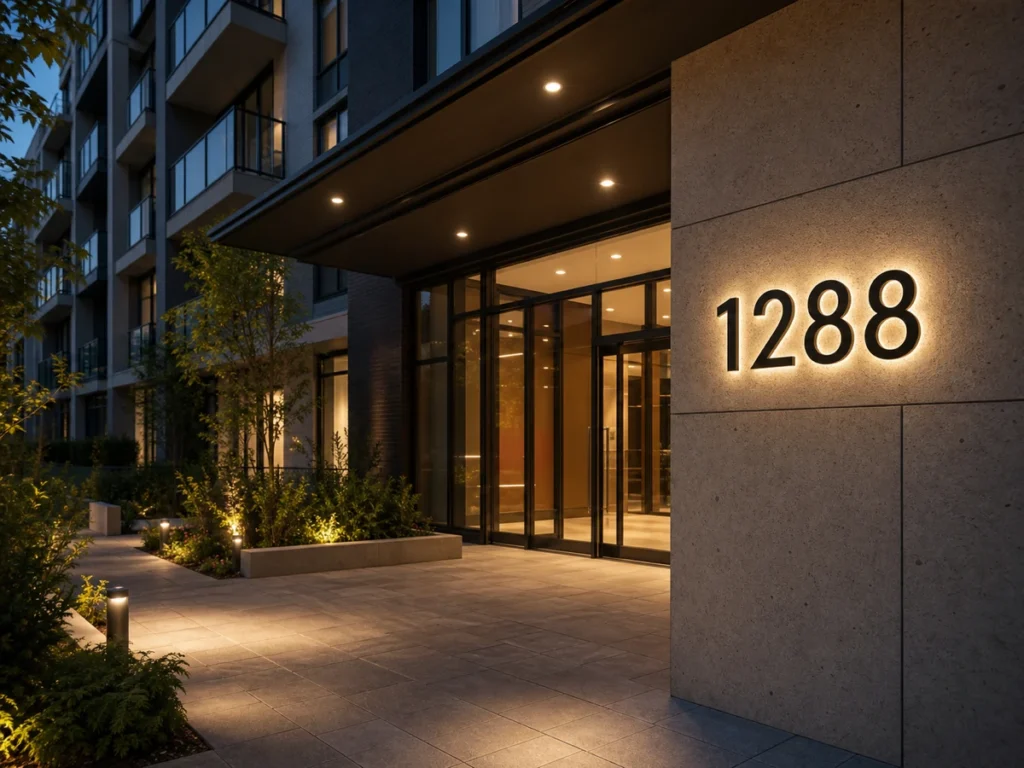 Illuminated address numbers integrated with outdoor parcel boxes and mailbox banks