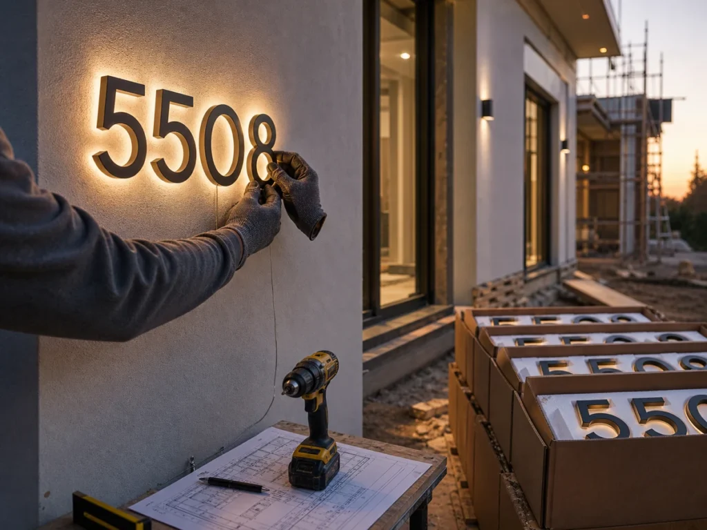 Contractor installing backlit house numbers on a renovated exterior wall with boxed sign sets nearby