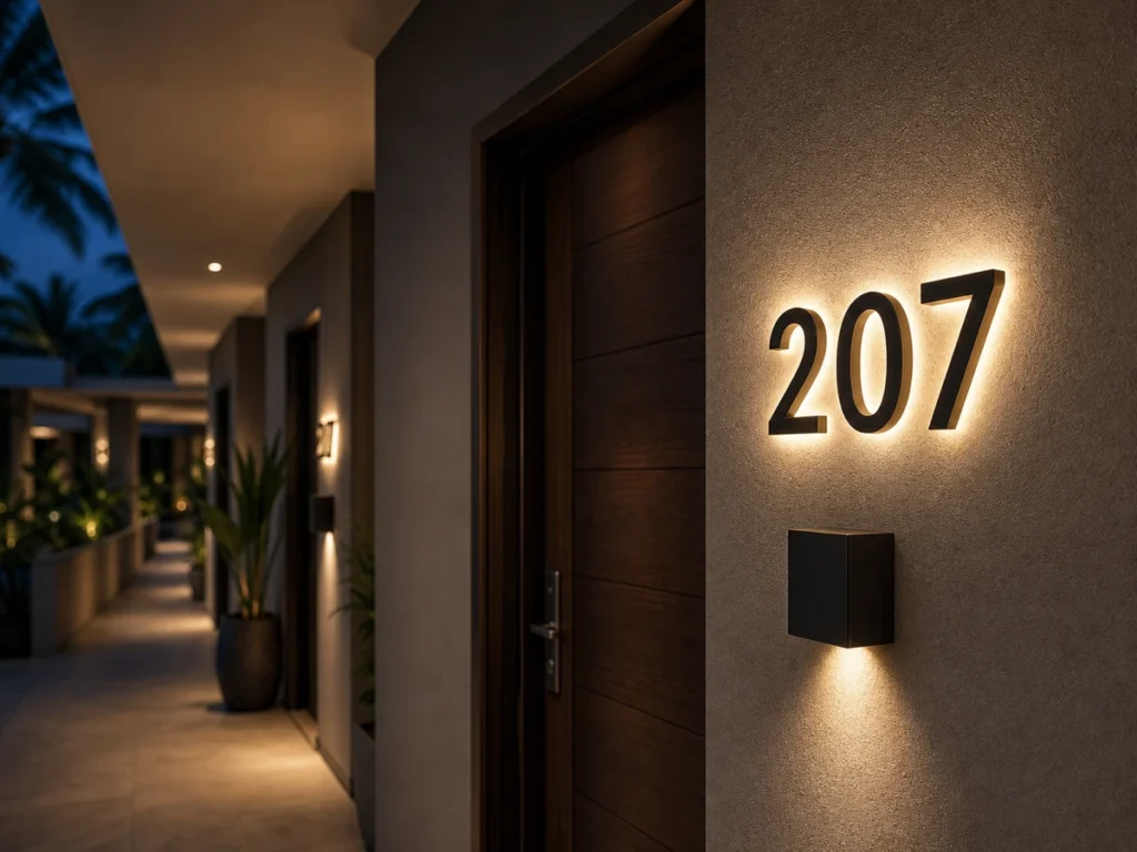 Warm backlit room number beside a boutique hotel or rental property entrance