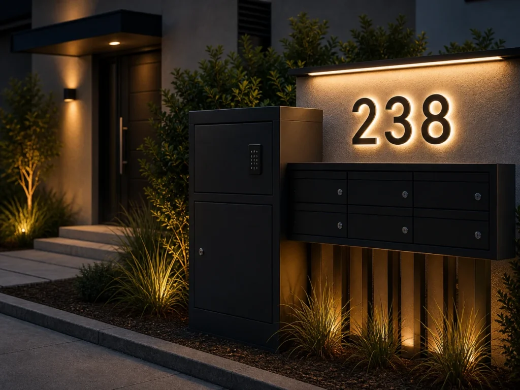 Illuminated address numbers integrated with outdoor parcel boxes and mailbox banks