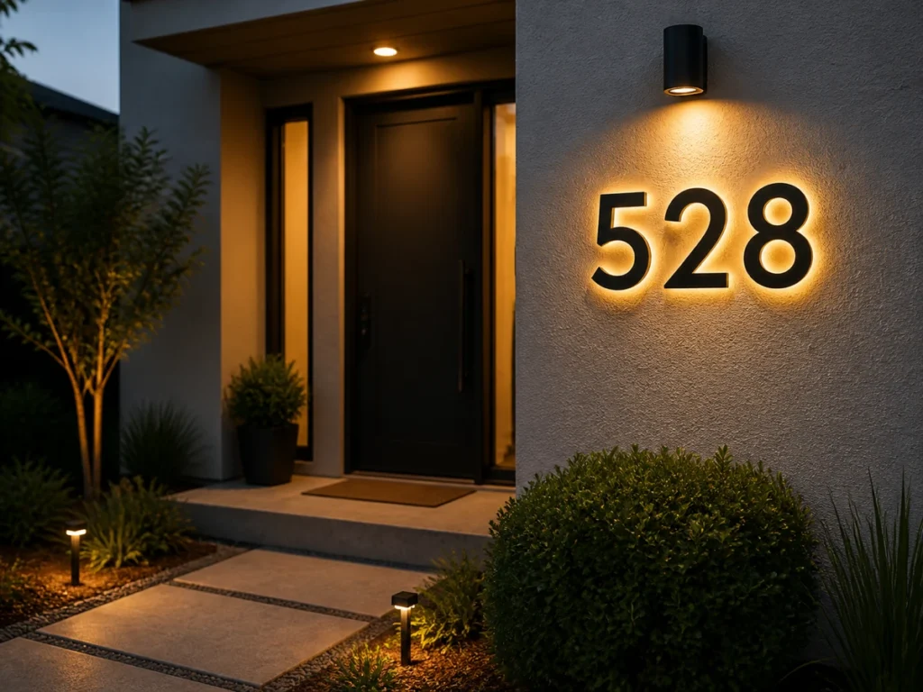 Backlit matte black house numbers installed beside a modern residential front door at dusk