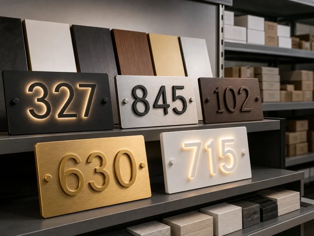 Display of lighted house number sign samples in multiple finishes for wholesale and retail supply