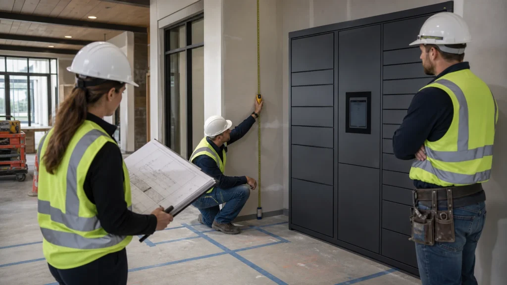 Engineer measuring a building entrance and planning large parcel box placement for a new or renovated property project