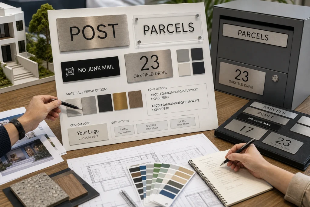 Architectural planning table with assorted letterbox sign samples, material swatches, parcel box decals and house number plates