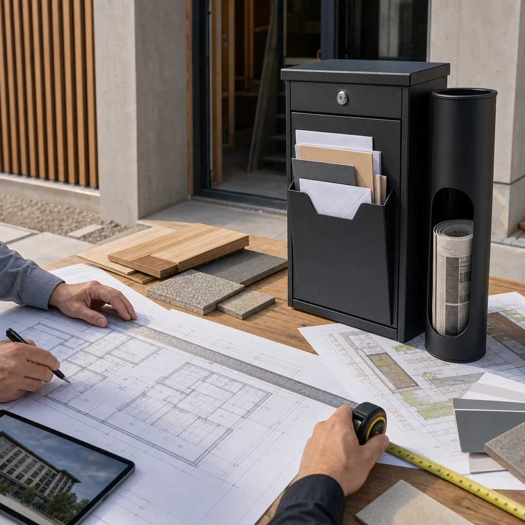 Project planning table with mailbox and newspaper holder sample, drawings, and measuring tools for building entrance design