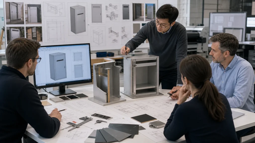Architects and engineers designing a medium parcel box product with CAD drawings, dimensions, lock position, and installation details.
