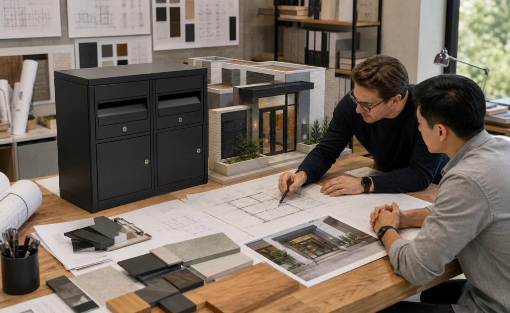 Architect planning parcel letterbox placement with building drawings model entrance and installation layout for new construction projects
