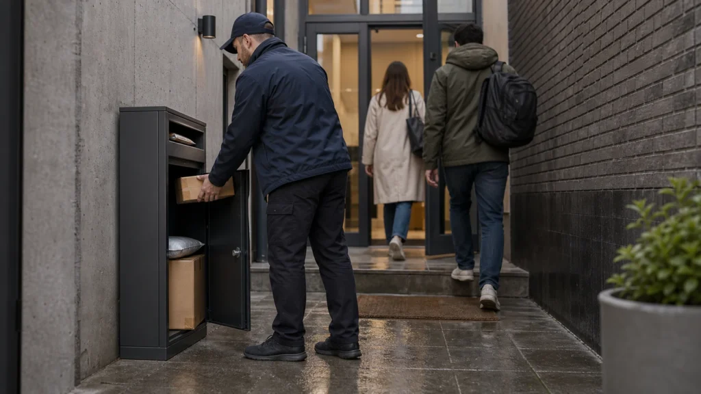 Architects planning parcel storage layouts with building plans