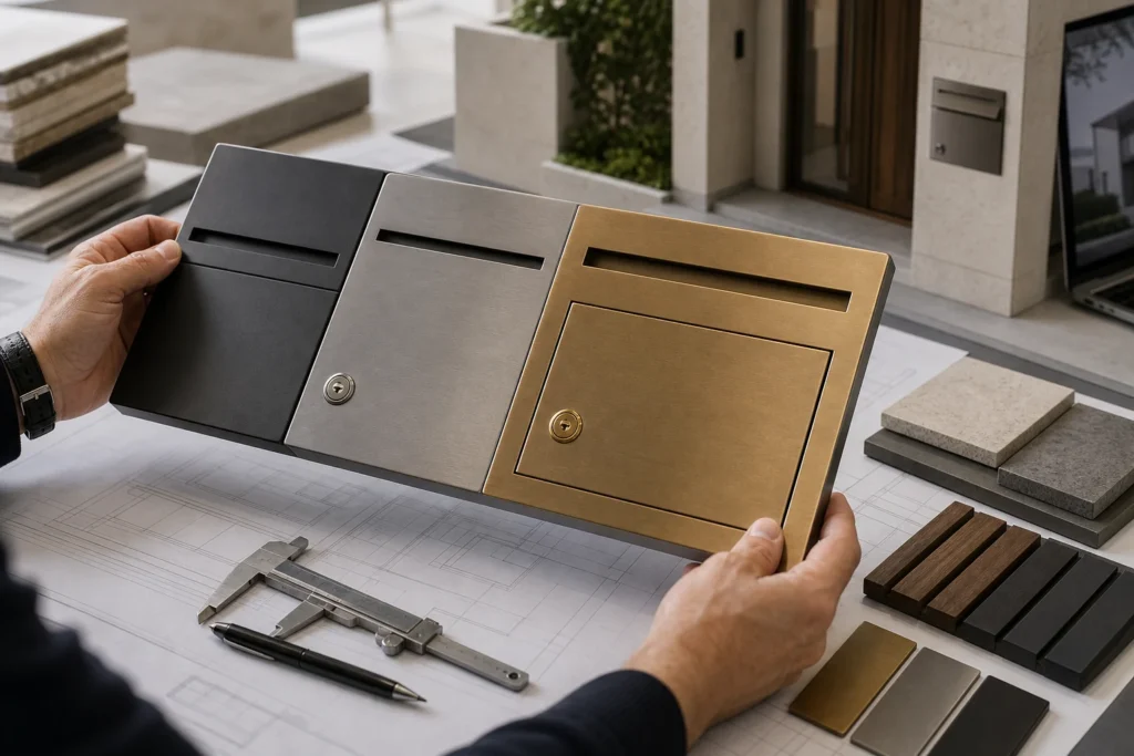 Architect reviewing custom letterbox finish samples and building entrance materials for a made to measure project