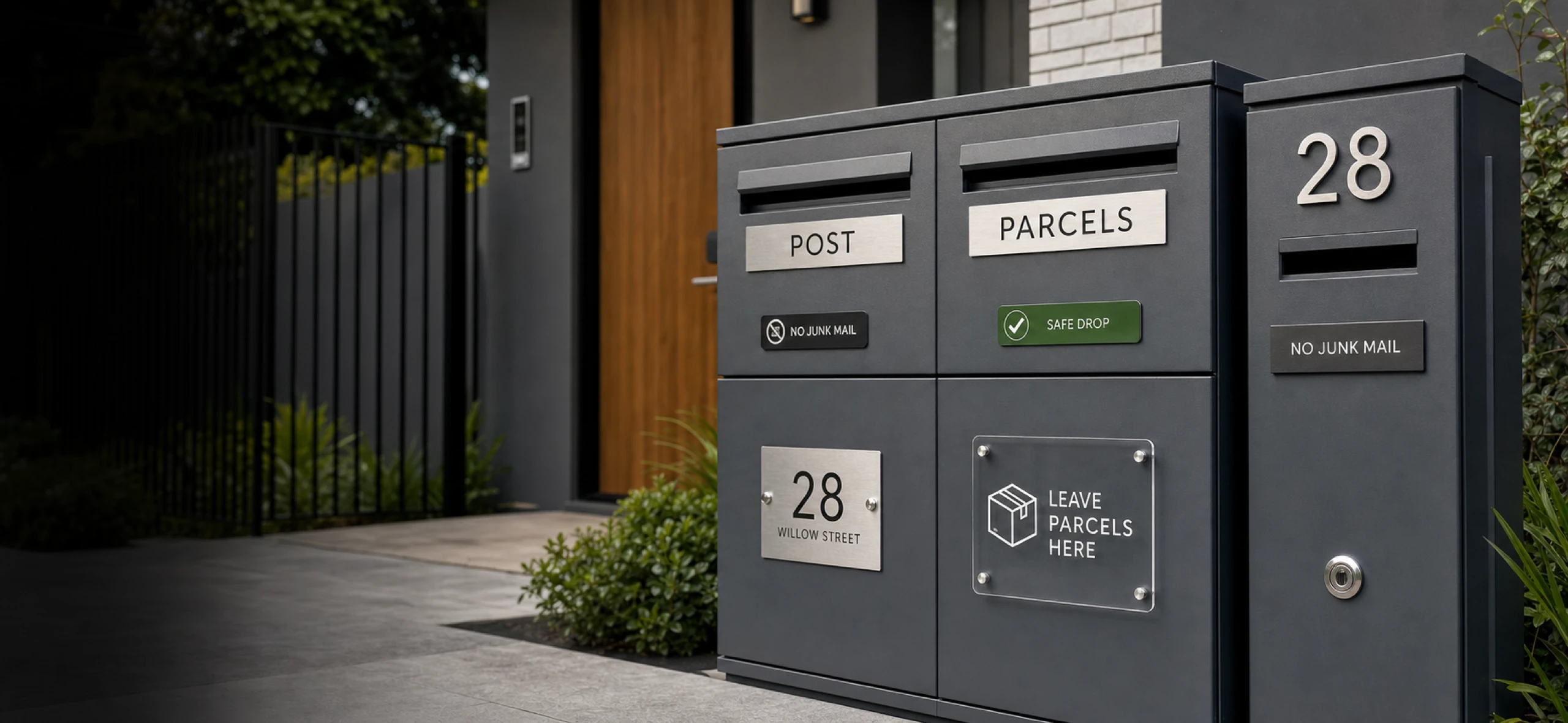Assorted weather-resistant letterbox signs and parcel box decals installed on post boxes, parcel boxes, front doors, gates and apartment mail areas