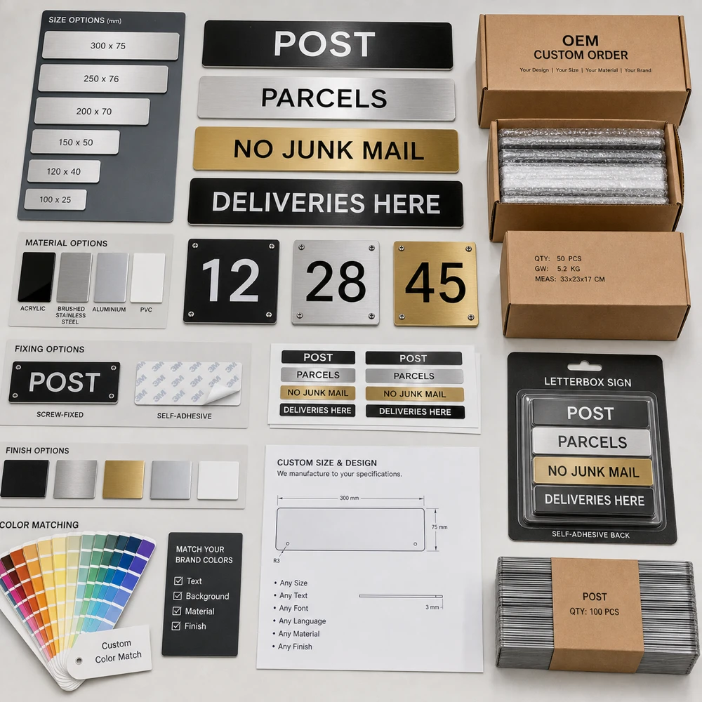 OEM sample table showing custom letterbox signs, parcel box decals, house number plates, color swatches and retail packaging options