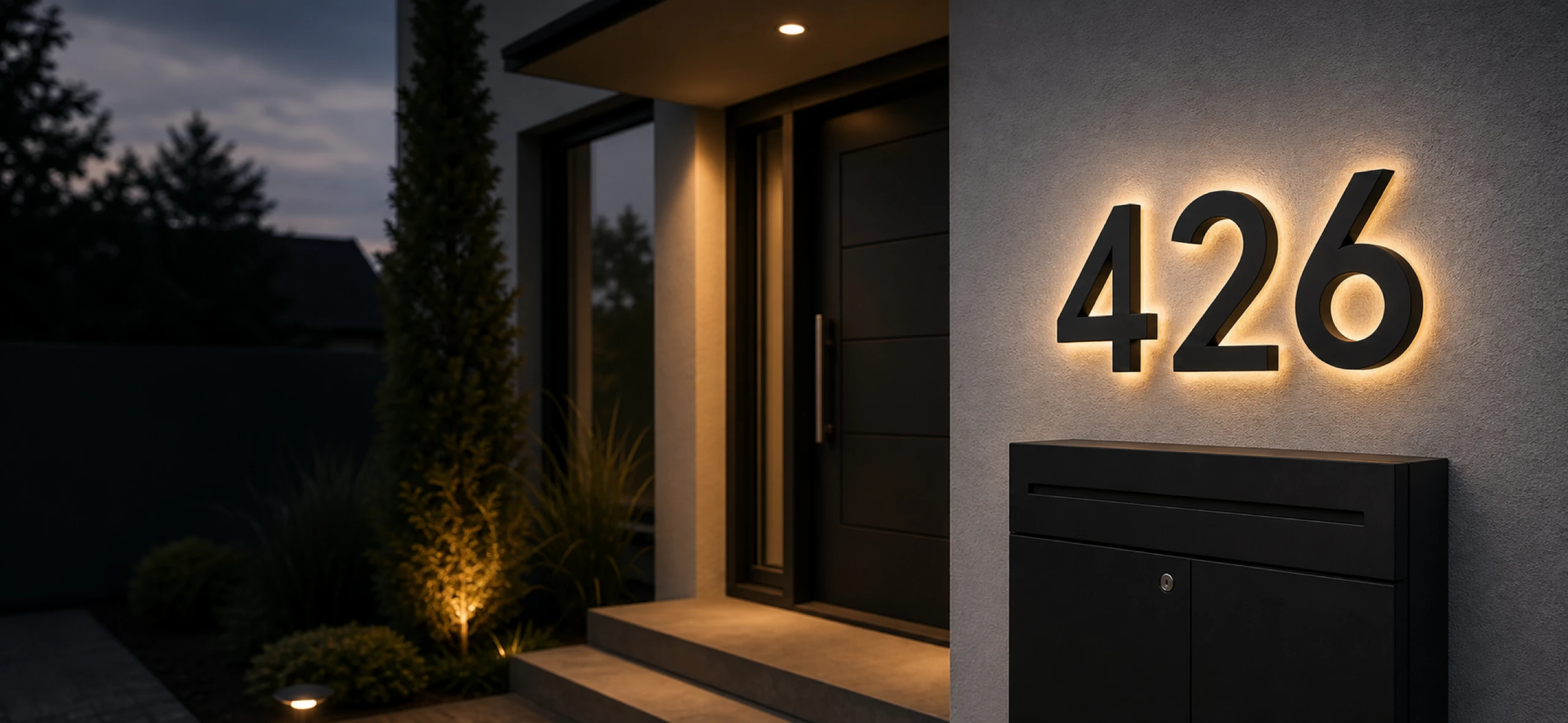 Modern entrance with warm white LED backlit house numbers and a matching parcel box system