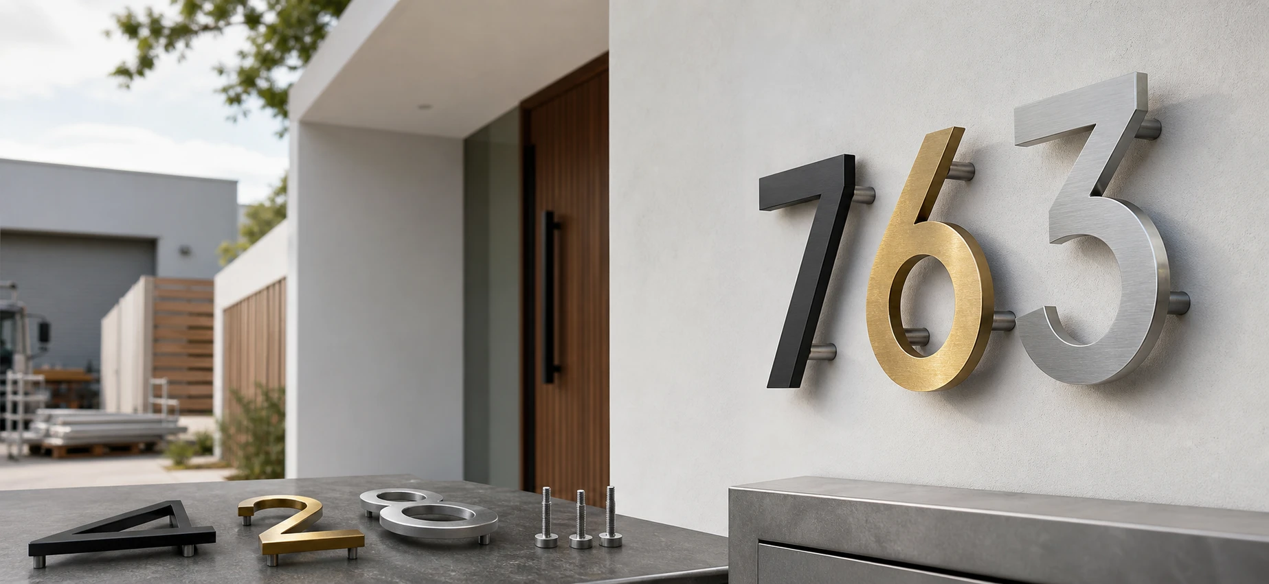 Custom stud mount house numbers with floating rear pin installation for doors walls gates mailboxes and building signage