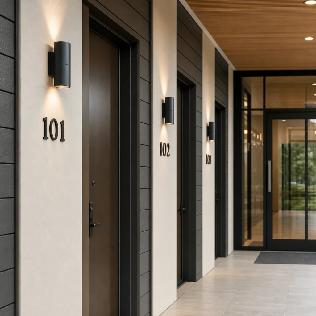 Consistent stud mount house numbers installed across apartment hotel office or real estate building projects