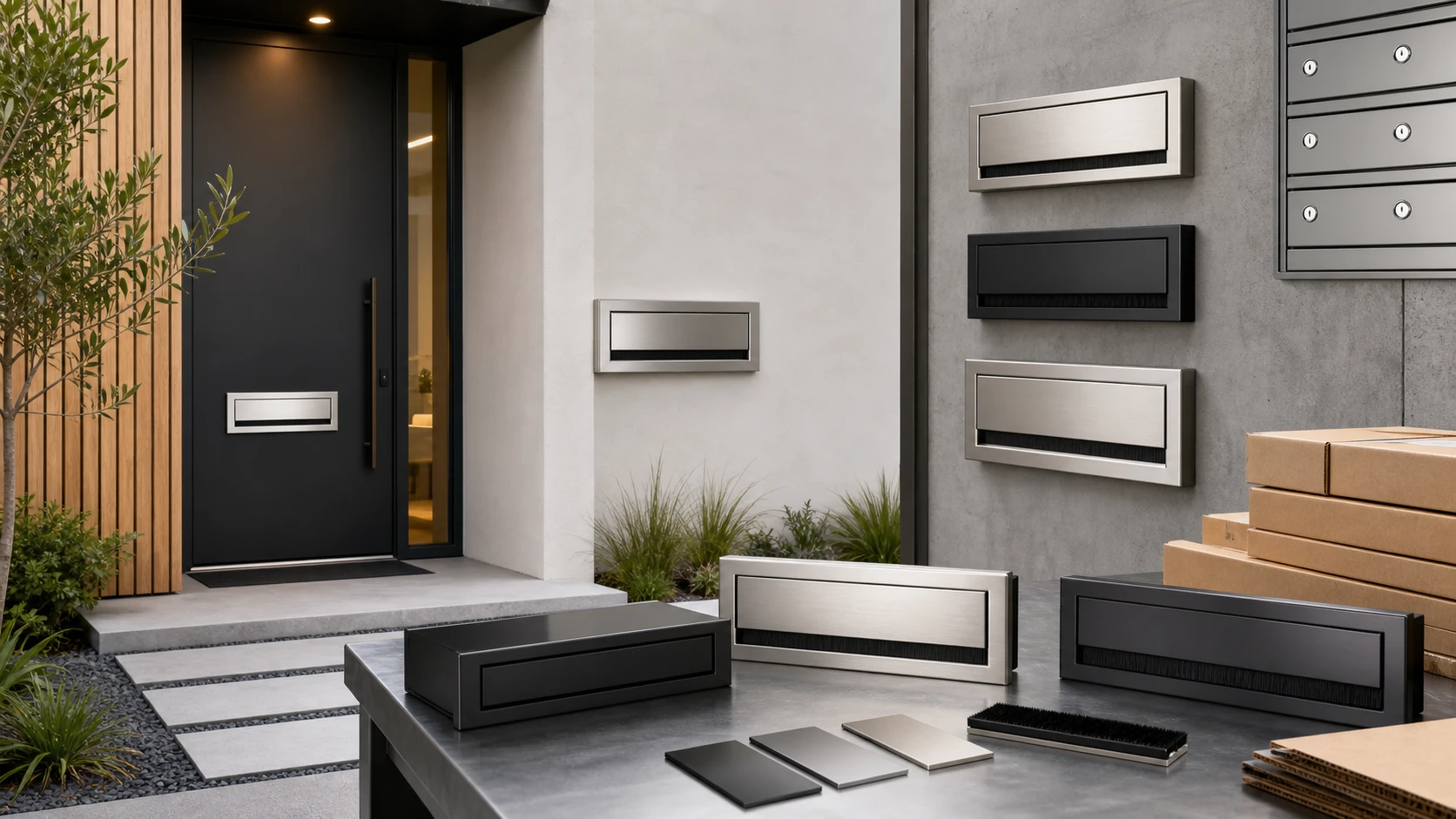 Custom built-in mail slots for doors, walls, gates, and mailbox systems with OEM finishes, flaps, brushes, and packaging options