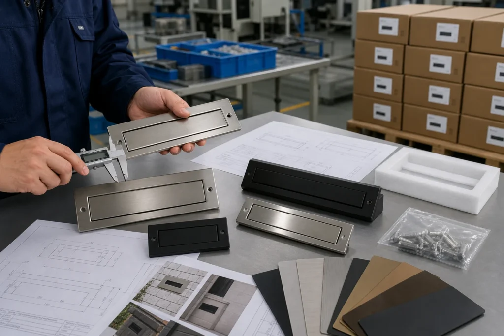 OEM and ODM built-in mail slot samples with drawings, size checks, finish options, logo marking, and protective packaging
