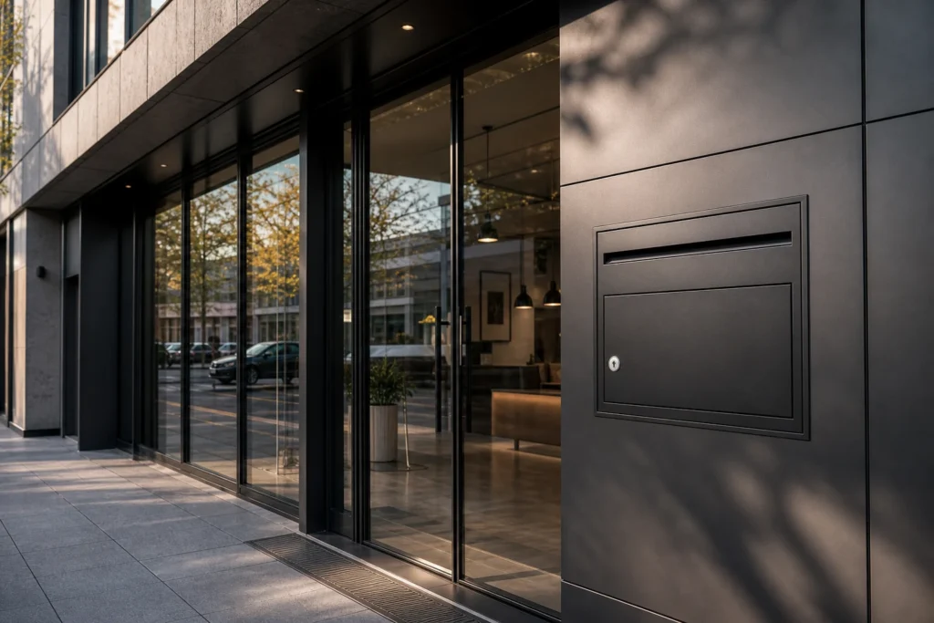 Black powder coated custom letterbox mounted flush beside a glass commercial building entrance
