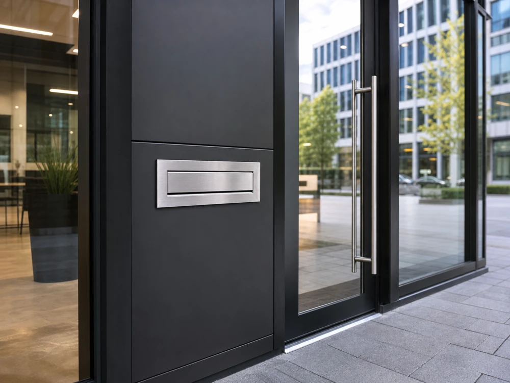 Custom mail slot installed beside a modern commercial glass entrance for offices and property projects