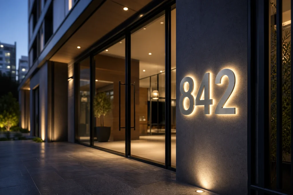 Large brushed metal and backlit modern address numbers installed at a modern office or hotel entrance