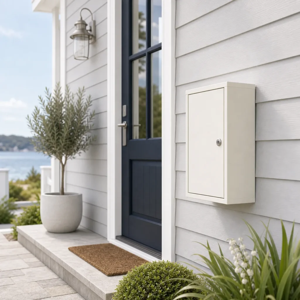 Cream white small wall mounted parcel box on a bright residential entrance wall with slim front access door and key lock