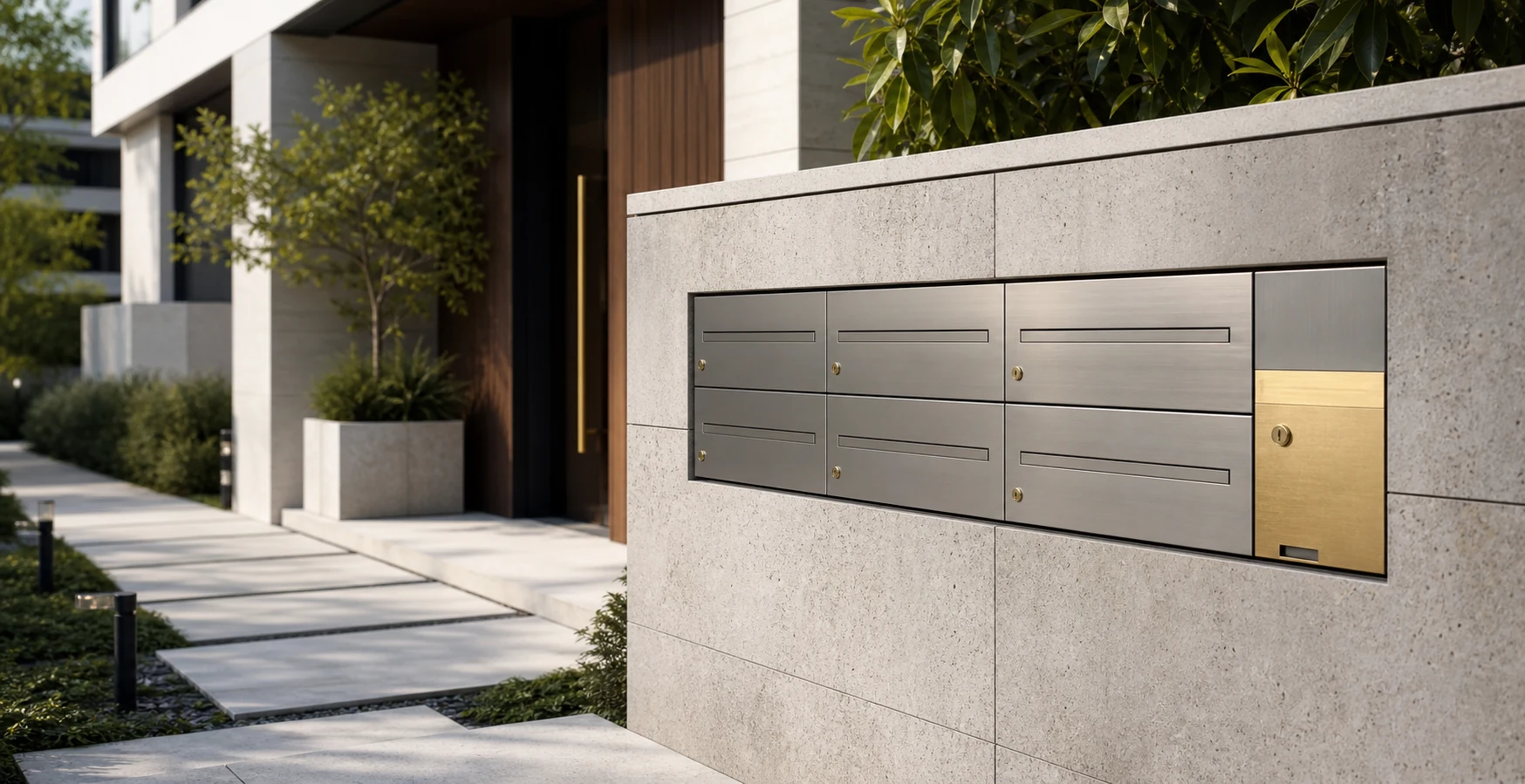 Custom architectural letterboxes integrated into a modern building entrance with stainless steel and brass finishes