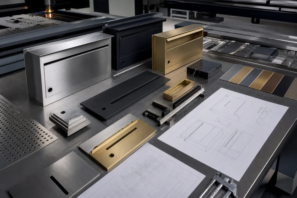 Custom letterbox prototypes with stainless steel brass and powder coated finishes shown with engineering drawings and hardware samples