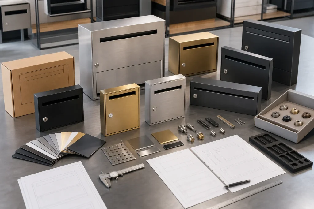 Custom letterbox prototypes in multiple sizes finishes and lock options arranged with swatches and specification sheets for OEM ODM projects