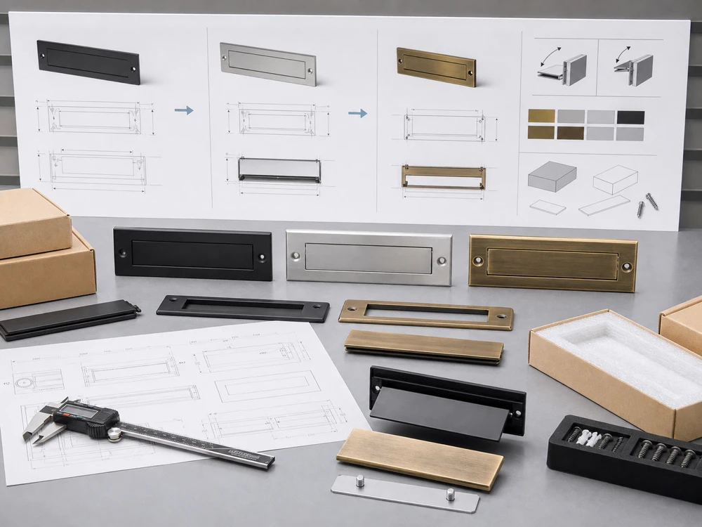 OEM custom mail slot samples drawings finish options screws packaging and measurement tools on a factory workbench