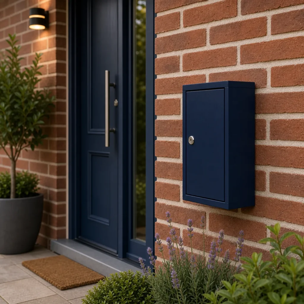 Deep navy blue small wall mounted parcel box installed at a suburban home entrance for secure small parcel delivery