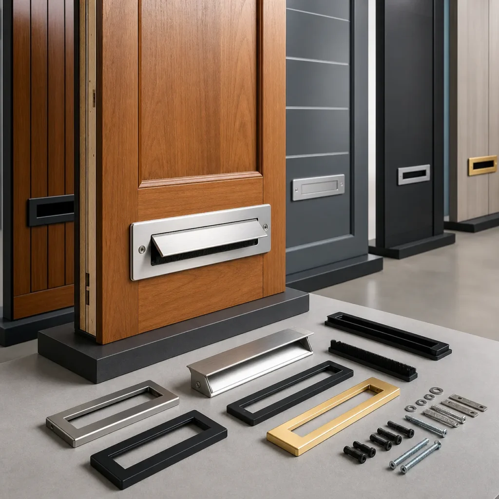 Mail slot accessories used with wooden, steel, aluminum, and composite door samples that require built-in mail slot systems
