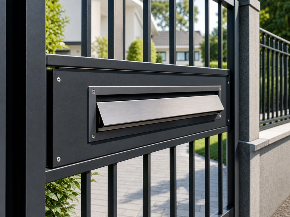 Weather resistant custom mail slot integrated into a black exterior entrance gate and fence