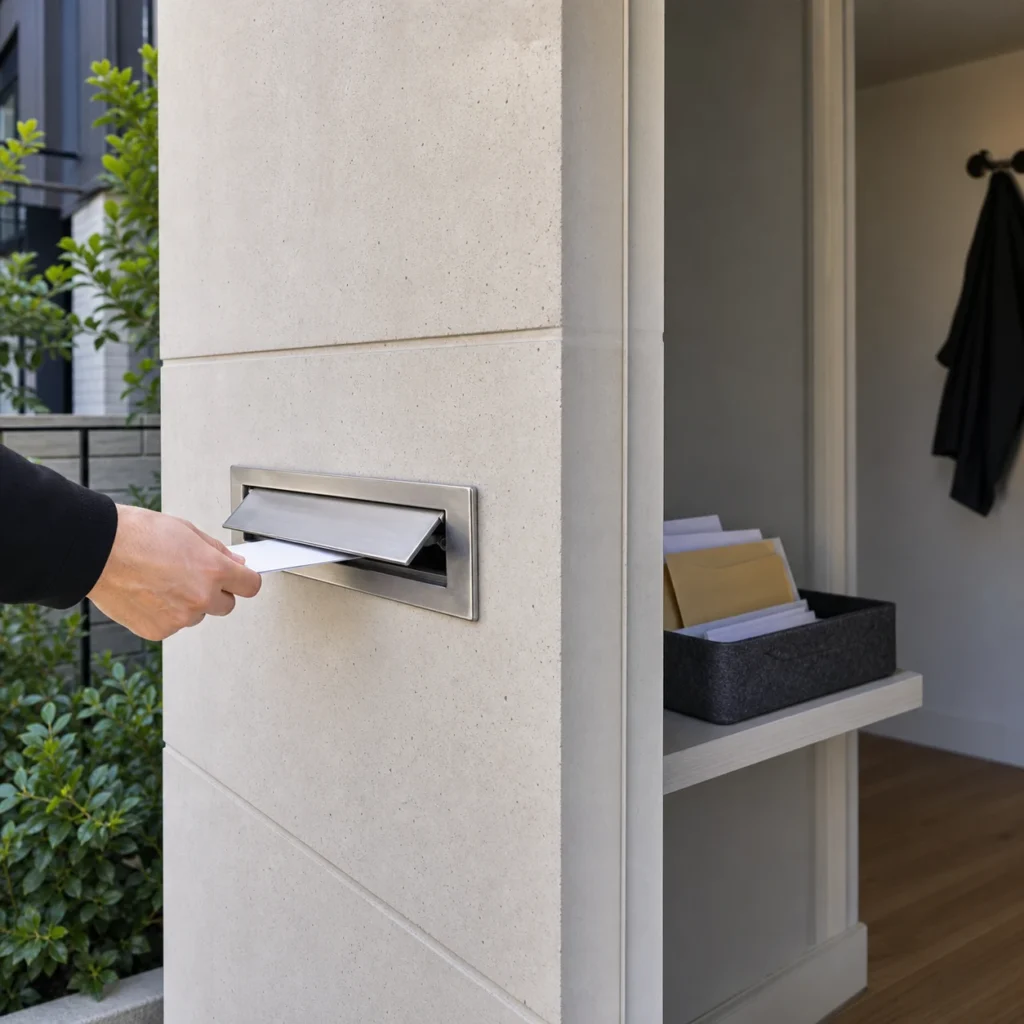 Wall-mounted built-in mail slot allowing letters to pass through an entrance wall into an indoor collection area