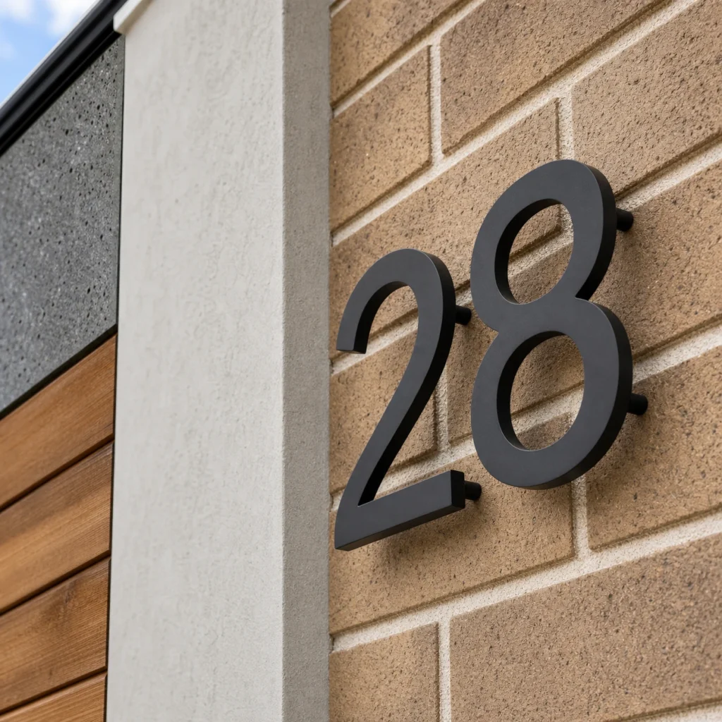 Fixed metal stud mount address numbers installed on brick concrete wood or rendered exterior walls