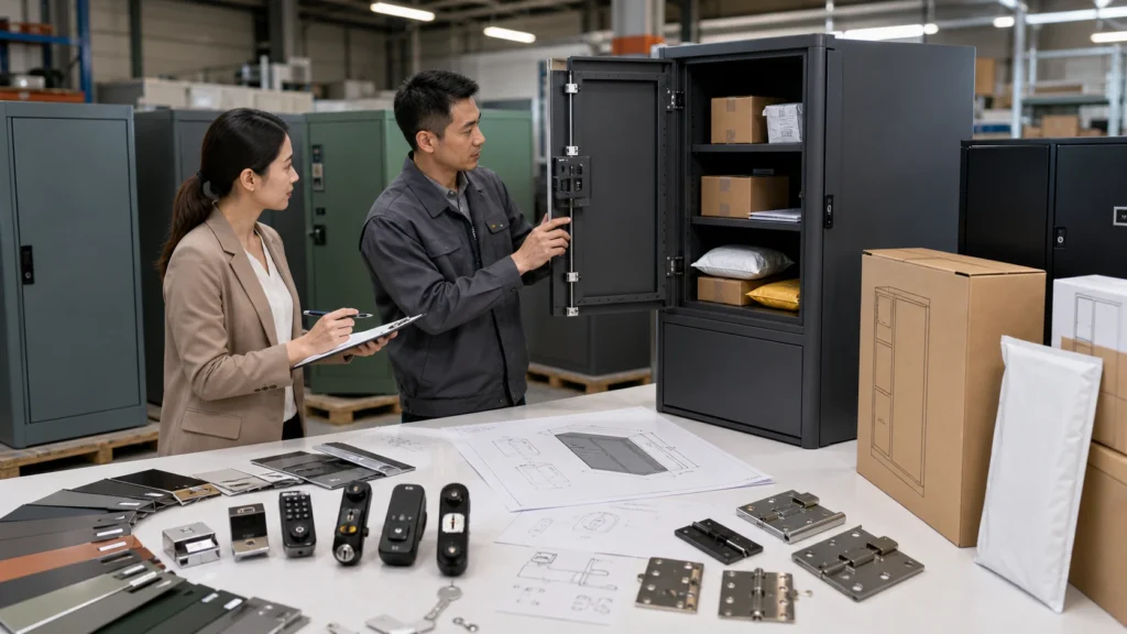 Extra large parcel box prototypes, lock samples, color swatches, packaging, and drawings for OEM and ODM customization